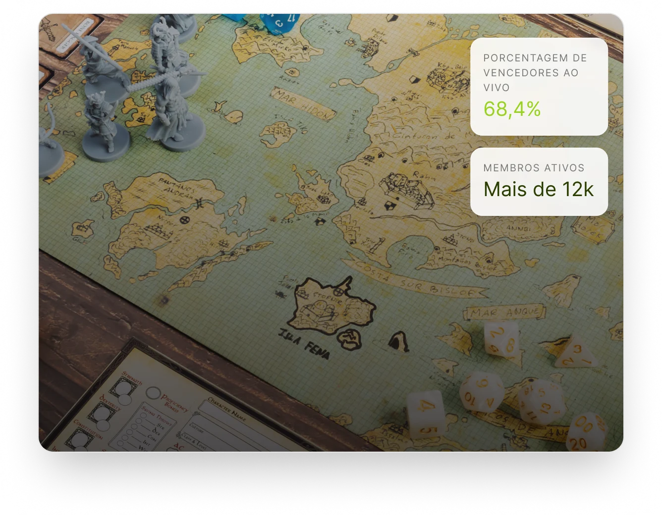 Tabuleiro de jogo com dados, peças e cartas sobre uma mesa de madeira.